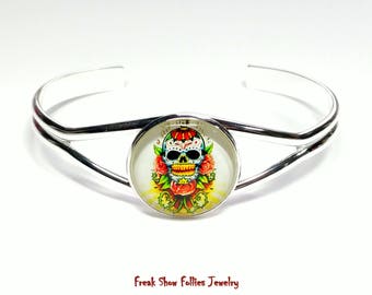 day of the dead sugar skull silver cuff bracelet
