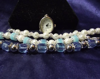 Woman's Geneva Watch with 3 Beaded Bands **Nice** B15- B025
