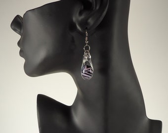 Handmade Lampworked Pink and Black Striped Glass Earrings
