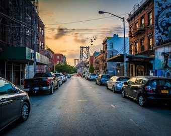 Sixth Street and the Williamsburg Bridge at sunset, in Williamsburg, Brooklyn, New York. Photo Print, Metal, Canvas, Framed.