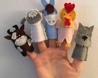 5 marionnettes à doigt animaux feutrine ferme pédagogique marionnettes / cadeau de Noël, fait à la main