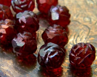 Oiled Ruby Roses (12) -Czech Glass Rosebuds 7x8mm