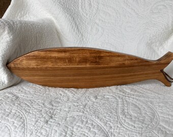 MCM Fish Shaped Cutting Board or Serving Board Walnut Wood w/ Leather Hanger Handmade