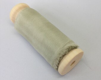 hand-dyed silk habotai ribbons in a gentle moss green, stationery, weddings, bouquet ribbons, table styling, 100% pure silk ribbon,