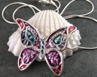 Paisley butterfly necklace, handmade recycled fine silver pendant-OOAK