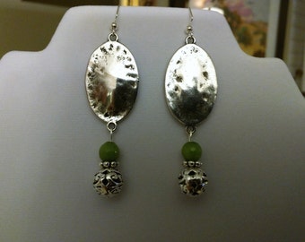 Antique Silver and Green Jade Dangle Earrings