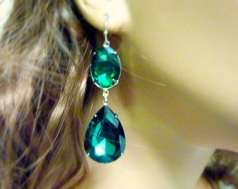 Emerald Earrings Angelina Jolie Kyle Richards LARGE Emerald green Teardrop Drop Estate Style Earrings