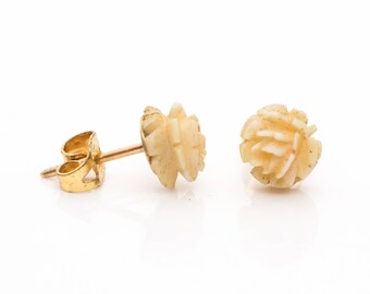 1940s Retro Vintage Stone-Carved Rose Design Push Back Studs with 14k Rose Gold, VJ #969