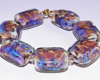Handmade Lampwork Glass bead set of 7 flat beads in Pink and Purple Blue silver glass SRA