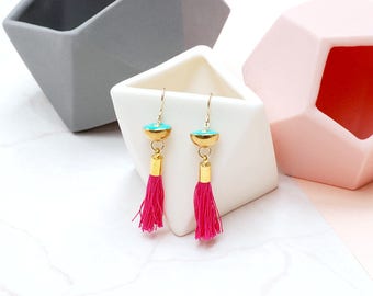 Hot Pink Tassel and Brass drop earrings