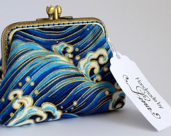 Hand crafted Japanese coin purse of waves on bronze coloured double kiss lock frame #0025