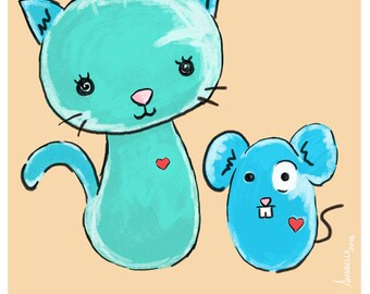 Blade children. CAT and mouse drawing. A3 size. Digital illustration. Children decoration.