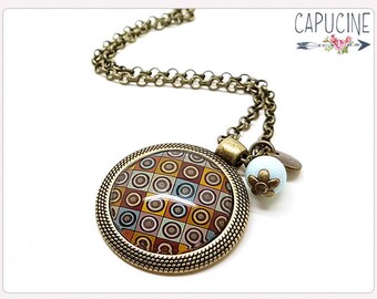 Polka dot Necklace - Polka dot long necklace bronze - Glass dome polka dot