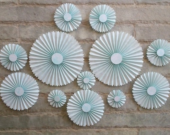 SET OF 12 - Blue Paper Rosettes / fans - Table Backdrop, Hanging Decor for Baby shower, Boys Room, Nursery