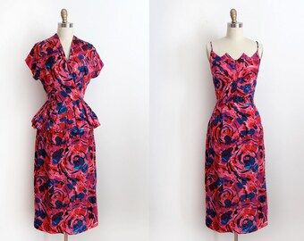 ON SALE vintage 1940s dress // 40s pink silk dress and peplum jacket set
