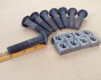 Vintage Bolts, Carriage Bolts, Industrial Bolts, Salvaged Hardware - Lot of 8 Bolts with Nuts