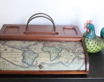 Vintage/Antique Mens dresser valet, dresser caddy, with jewelry drawer box, World map theme roll back lid with mohair lining