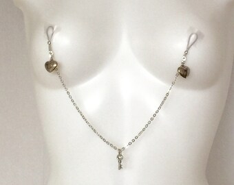 Nipple clamps with chain, non pierced nipple jewellery, body jewellery ,nipple rings, nipple adornment, erotic wear