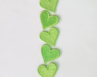Lot of 5 Pieces Embroidered Tiny Bright Green Heart Iron on Patch