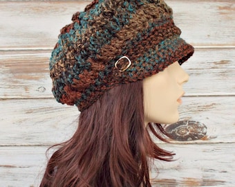 Womens Crochet Hat Women Newsboy Hat - Spring Monarch Ribbed Hat - Rust Teal Brown Newsboy Hat - Chocolate Peacock - 10 Color Choices