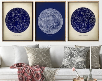 ASTRONOMY Print SET of 3, Astronomy set, Moon chart print, Moon print, stars map, stars print, star chart, constellations, astronomy poster
