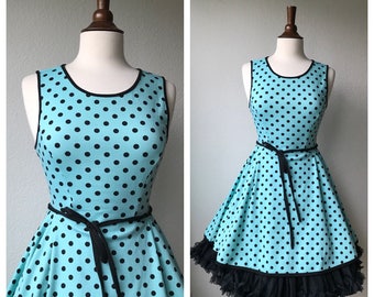 vintage aqua polka dot day dress 50s sz S