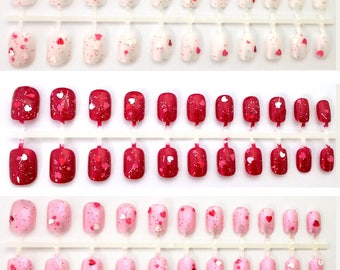 Red White Pink Heart Valentine's Day Nails | Heart Press On Nails | Short Fake Nails | Cute Kawaii Valentine False Nails + Glue | Pink Nails