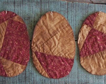 3 LARGE Rustic Egg Ornaments, Antique Quilt Eggs, Tattered Eggs, Wabi Sabi Spring Decor, Farmhouse Easter Decor, Claret - READY to SHIP