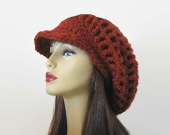 Dreadlocks hat Rust Crochet newsboy hat Brown rasta hat with visor Knit newsboy oversized Hat Newsboy Hat Slouch Cap Adult Newsboy