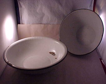 2 White Enamelware Bowls Pan