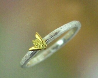 Stackable Bee Ring, Honey Bee Stacking Ring, Sterling Silver Bee Ring, Tiny 18k Gold Bee, Made to order