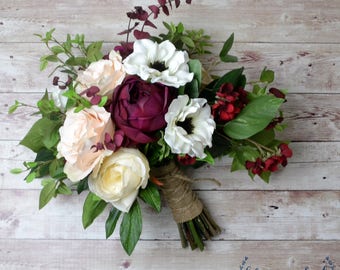 Fall Wedding Bouquet, Wedding Bouquet, Wedding Flowers, Bridal Bouquet, Boho Bouquet, Silk Flowers, Rustic Bouquet, Artificial Bouquet, Red
