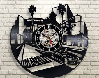 Los Angeles Wall Clock Vintage Los Angeles City Vinyl Record Wall Clock Hollywood Travel Birthday Gift For Her Room Decor Wall Clock Modern