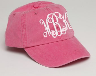 Hot Pink Monogrammed Baseball Cap for Ladies-Pigment Dyed Hat with Interlocking Script Monogram-Custom Embroidery, Personalized Baseball Hat