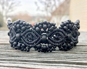 SALE Micro-Macrame Beaded Cuff Bracelet - Matte Black