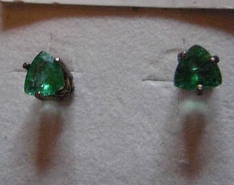 Zambian Emerald Earrings. 2-6 x 6 mm Trillions weighing 1.65ct Set in .925 Sterling Silver