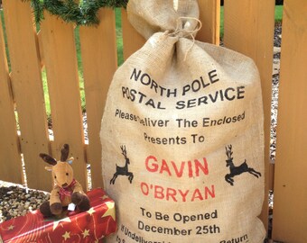 Christmas sack, Burlap Santa bag, Stocking, North Pole Postal Service Reindeer Personalized