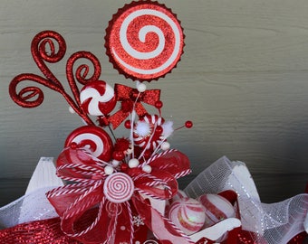 Candy Cane Sleigh Arrangement, Santa's Sleigh, Red and White, Peppermint, Christmas Decor, Centerpiece, Holiday Decor, Christmas Candy