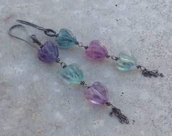 FLUORITE earrings, carved HEART multi-color earrings, sterling silver handmade artisan earrings, Angry Hair Jewelry