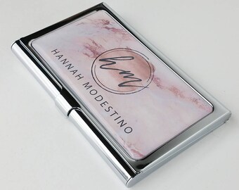 Personalized Business Card Case Pink Marble Business Card Holder Metal Credit Card Holder Gift for her Rose Gold Business Accessory E71