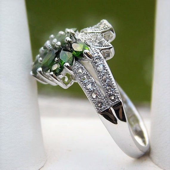 Russian Chrome Diopside Ring / Siberian Emerald / Size 8 / Sterling Silver / Unique Engagement / Promise / White Topaz