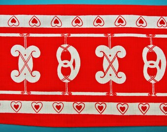Swedish retro vintage 1950s printed cotton christmas design tabelcloth runner with white christmas bread motives on red bottomcolor.