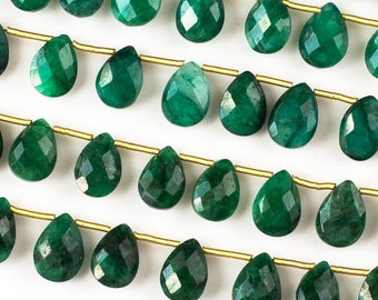 Emerald Faceted Hand Cut Gemstone Briolette Beads - Size 7x10mm - Natural Grade A - Top Drilled Horizontal - 02 pieces per order