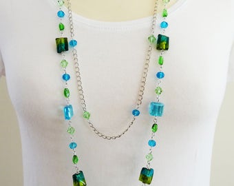 Long Blue Turquoise Beaded Necklace, Long Blue Necklace, Long Turquoise Necklace, Blue Boho Necklace, Flapper Necklace, Vintage Necklace