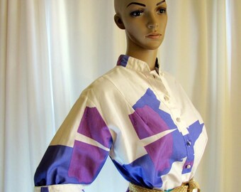 1960's Catherine Ogust Modern Shift Dress, Medium, Cotton, Purple, Turquoise, White, 1970's, Catherine Ogust, Shift, Penthouse Gallery