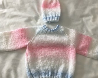Pink, white, and blue striped pullover sweater with hat, size 12 months