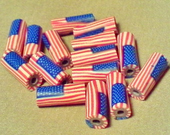 American flag beads; hand crafted polymer clay, American flag tube beads, 12x7mm, 5-10pcs/3.40-6.80.