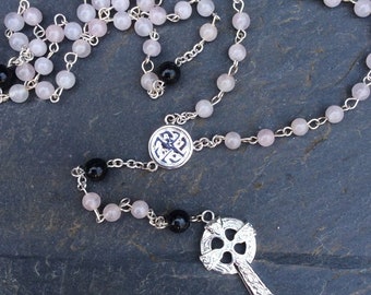 Irish Rosary beads, necklace Kilkenny Marble and Rose Quartz, Irish Designed Religious Catholic Celtic jewelry Jewellery