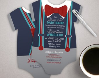 Bowtie baby shower invitation set blue Suspenders invitation