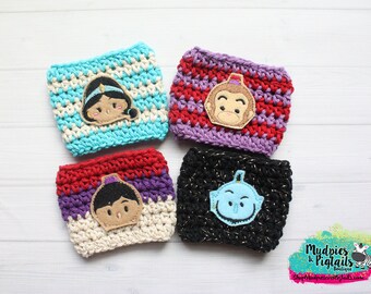 Arabian Nights Coffee Cozy { A whole New World } princess, monkey, genie, Jasmine Crochet mug sleeve, beach vacation, latte, planner